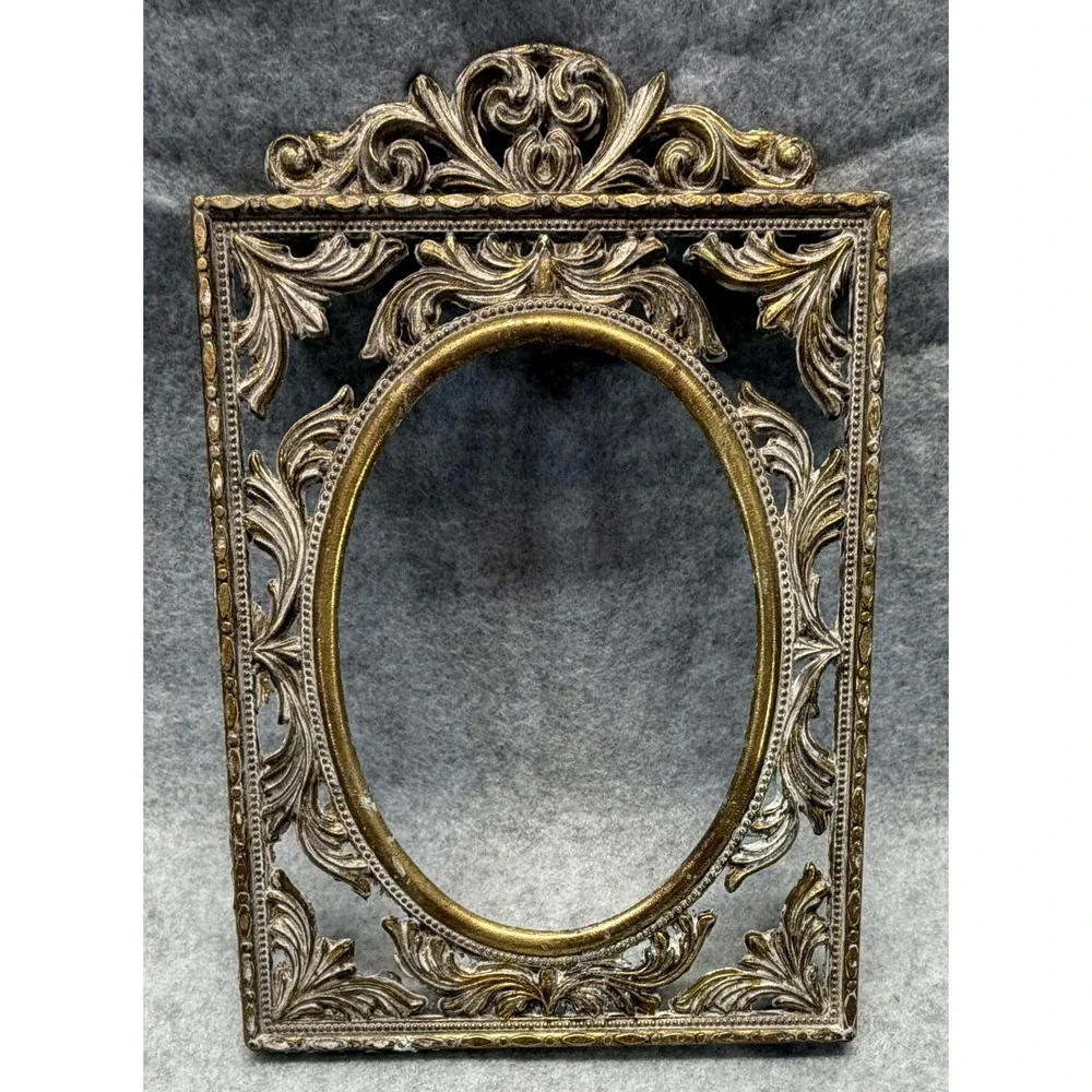 Vintage Ornate Brass Filigree Picture Frame Oval Opening Gold Victorian Style